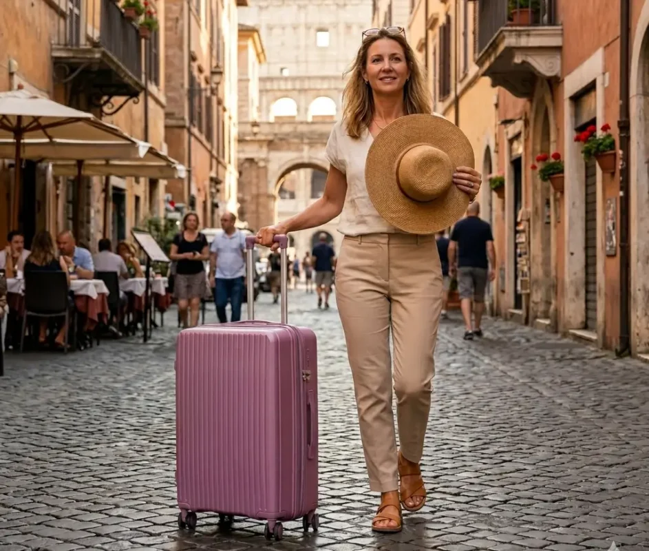 walking woman with suitcase